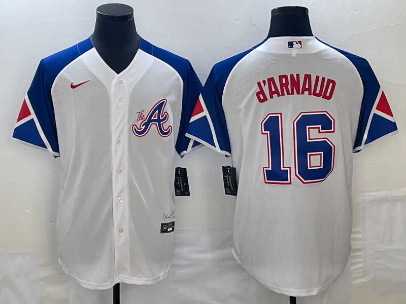 Men's Atlanta Braves #16 Travis d'Arnaud White 2023 City Connect Cool Base Stitched Baseball Jersey Men's Atlanta Braves #16 Travis d'Arnaud White 2023 City Connect Cool Base Stitched Baseball Jersey